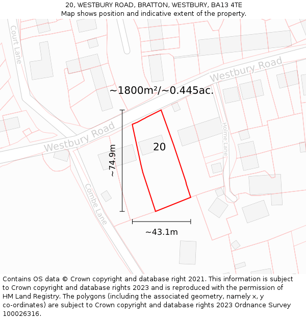 20, WESTBURY ROAD, BRATTON, WESTBURY, BA13 4TE: Plot and title map