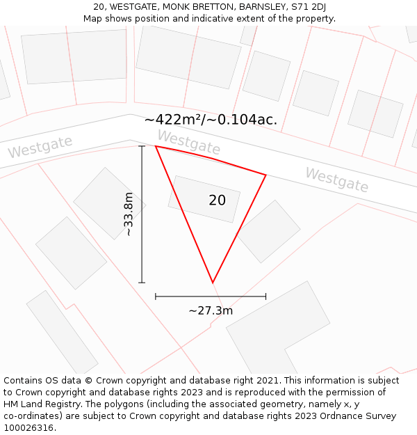 20, WESTGATE, MONK BRETTON, BARNSLEY, S71 2DJ: Plot and title map