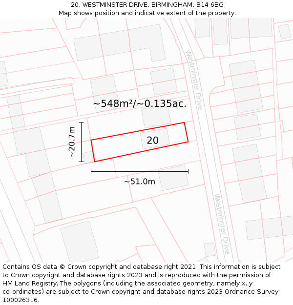 20, WESTMINSTER DRIVE, BIRMINGHAM, B14 6BG: Plot and title map