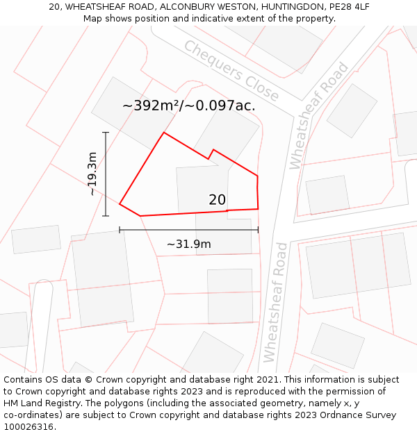 20, WHEATSHEAF ROAD, ALCONBURY WESTON, HUNTINGDON, PE28 4LF: Plot and title map