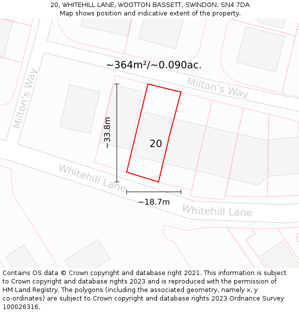 20, WHITEHILL LANE, WOOTTON BASSETT, SWINDON, SN4 7DA: Plot and title map