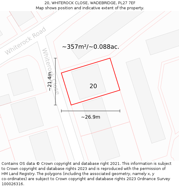 20, WHITEROCK CLOSE, WADEBRIDGE, PL27 7EF: Plot and title map