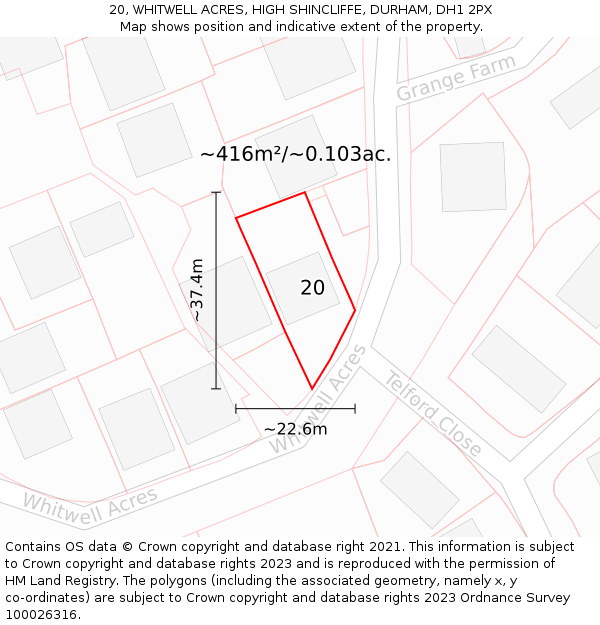 20, WHITWELL ACRES, HIGH SHINCLIFFE, DURHAM, DH1 2PX: Plot and title map