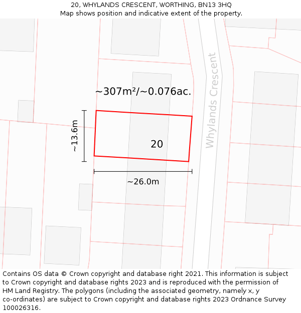 20, WHYLANDS CRESCENT, WORTHING, BN13 3HQ: Plot and title map