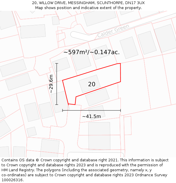 20, WILLOW DRIVE, MESSINGHAM, SCUNTHORPE, DN17 3UX: Plot and title map