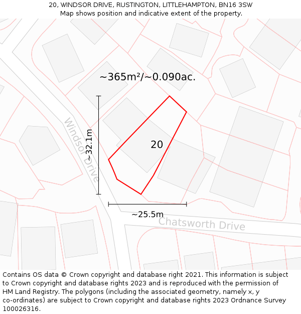 20, WINDSOR DRIVE, RUSTINGTON, LITTLEHAMPTON, BN16 3SW: Plot and title map