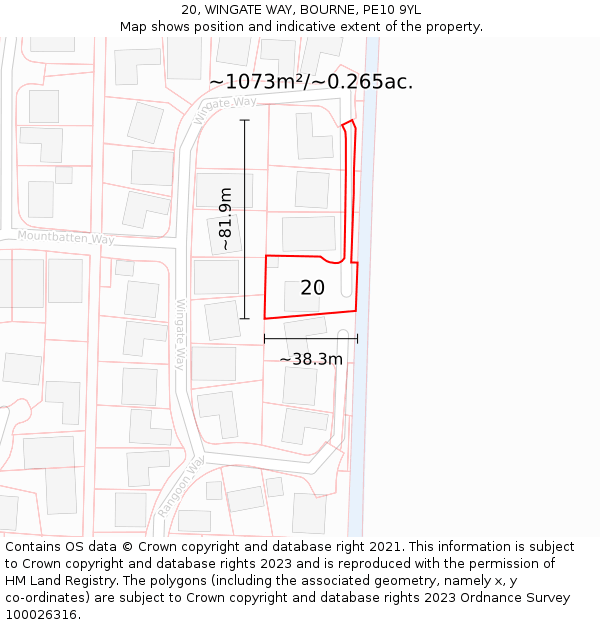 20, WINGATE WAY, BOURNE, PE10 9YL: Plot and title map