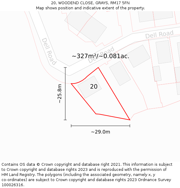 20, WOODEND CLOSE, GRAYS, RM17 5FN: Plot and title map