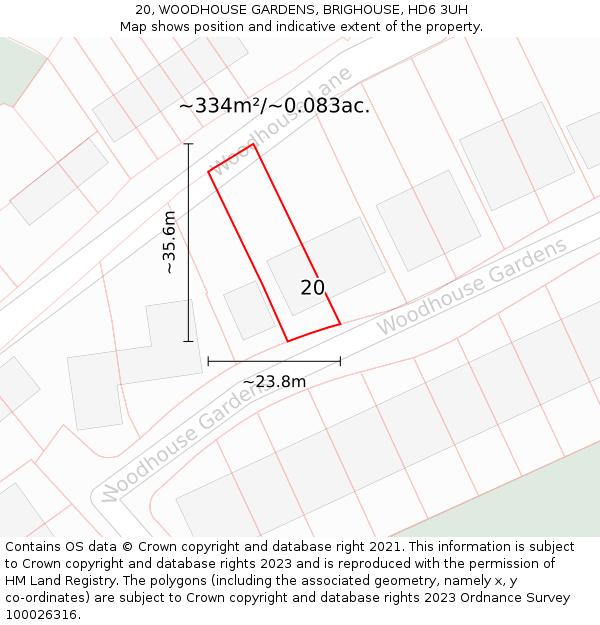 20, WOODHOUSE GARDENS, BRIGHOUSE, HD6 3UH: Plot and title map