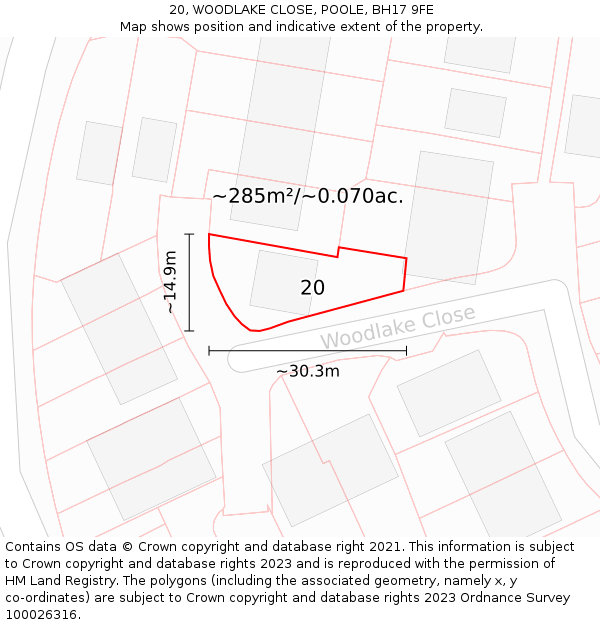 20, WOODLAKE CLOSE, POOLE, BH17 9FE: Plot and title map