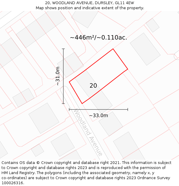 20, WOODLAND AVENUE, DURSLEY, GL11 4EW: Plot and title map