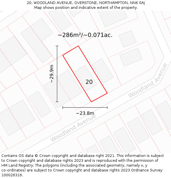 20, WOODLAND AVENUE, OVERSTONE, NORTHAMPTON, NN6 0AJ: Plot and title map