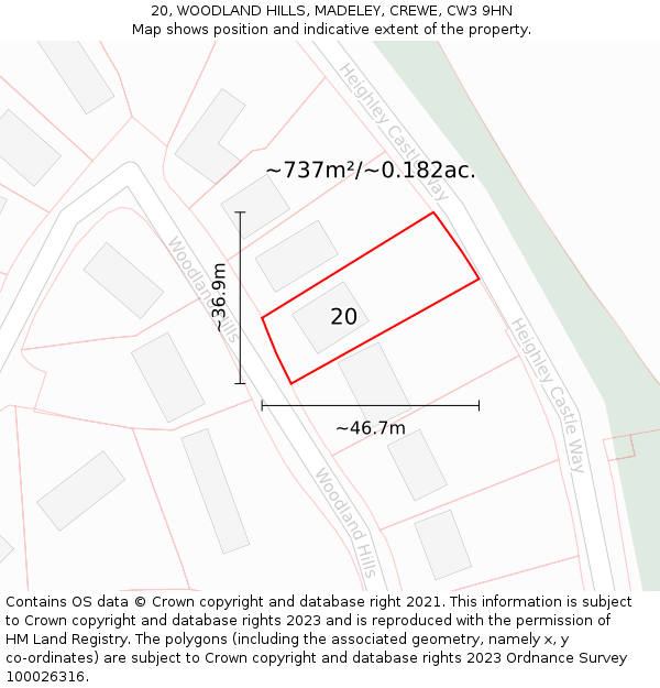 20, WOODLAND HILLS, MADELEY, CREWE, CW3 9HN: Plot and title map