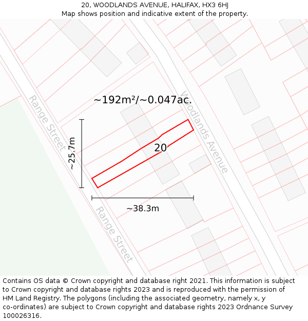 20, WOODLANDS AVENUE, HALIFAX, HX3 6HJ: Plot and title map