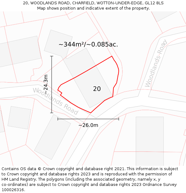 20, WOODLANDS ROAD, CHARFIELD, WOTTON-UNDER-EDGE, GL12 8LS: Plot and title map