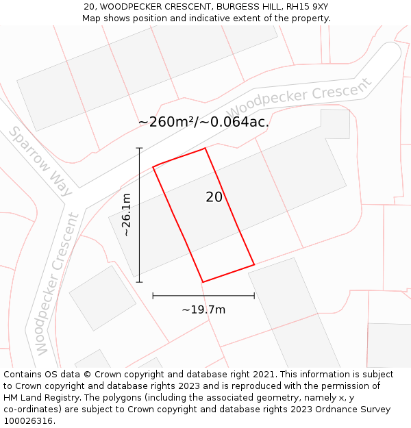 20, WOODPECKER CRESCENT, BURGESS HILL, RH15 9XY: Plot and title map