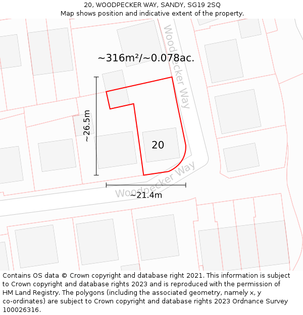 20, WOODPECKER WAY, SANDY, SG19 2SQ: Plot and title map