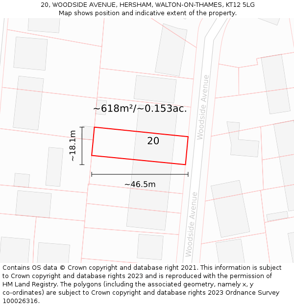 20, WOODSIDE AVENUE, HERSHAM, WALTON-ON-THAMES, KT12 5LG: Plot and title map
