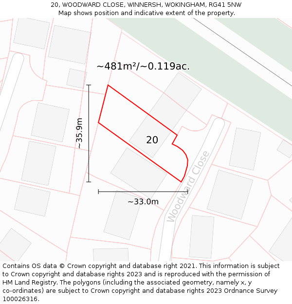 20, WOODWARD CLOSE, WINNERSH, WOKINGHAM, RG41 5NW: Plot and title map