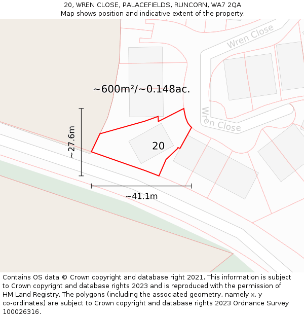 20, WREN CLOSE, PALACEFIELDS, RUNCORN, WA7 2QA: Plot and title map