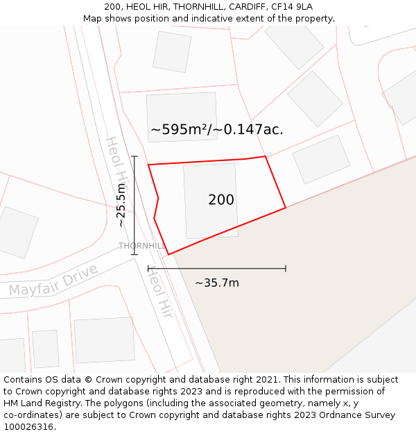 200, HEOL HIR, THORNHILL, CARDIFF, CF14 9LA: Plot and title map