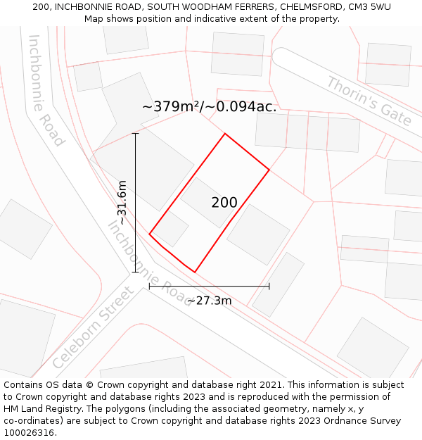 200, INCHBONNIE ROAD, SOUTH WOODHAM FERRERS, CHELMSFORD, CM3 5WU: Plot and title map