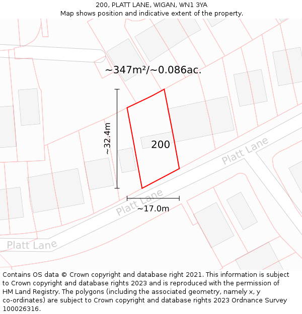 200, PLATT LANE, WIGAN, WN1 3YA: Plot and title map