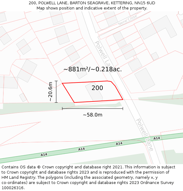 200, POLWELL LANE, BARTON SEAGRAVE, KETTERING, NN15 6UD: Plot and title map