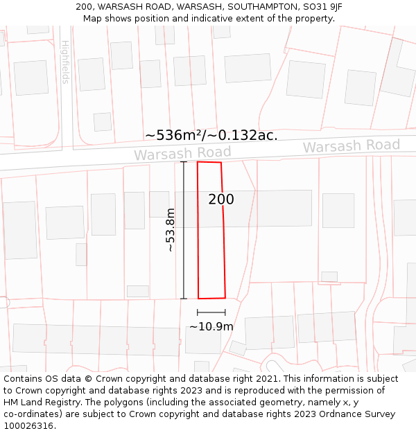200, WARSASH ROAD, WARSASH, SOUTHAMPTON, SO31 9JF: Plot and title map