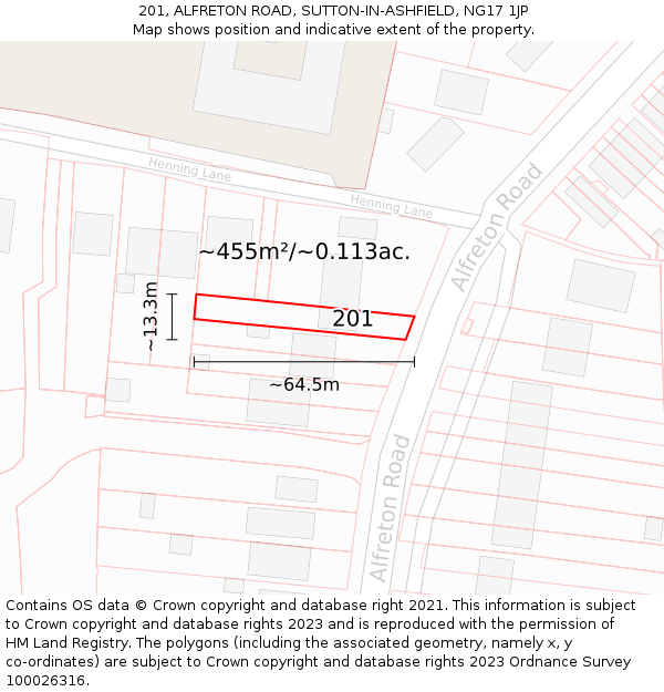 201, ALFRETON ROAD, SUTTON-IN-ASHFIELD, NG17 1JP: Plot and title map