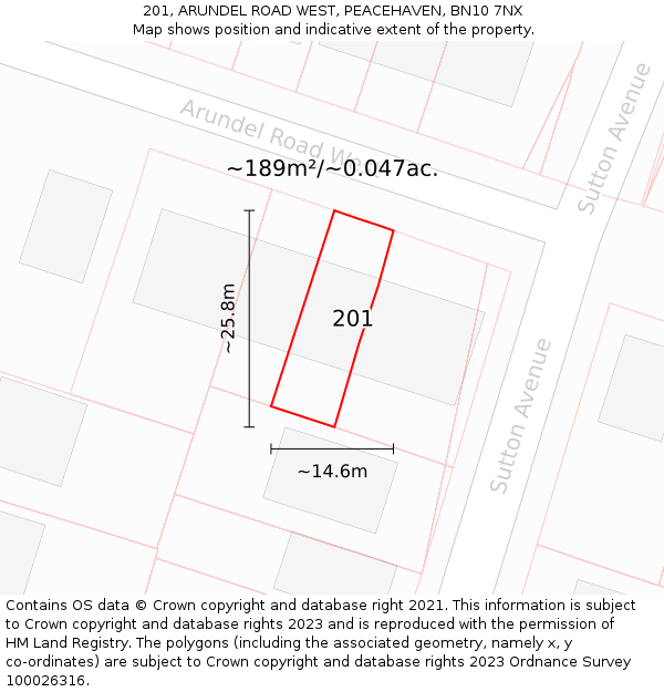 201, ARUNDEL ROAD WEST, PEACEHAVEN, BN10 7NX: Plot and title map