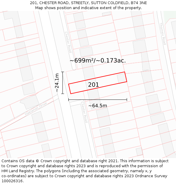 201, CHESTER ROAD, STREETLY, SUTTON COLDFIELD, B74 3NE: Plot and title map