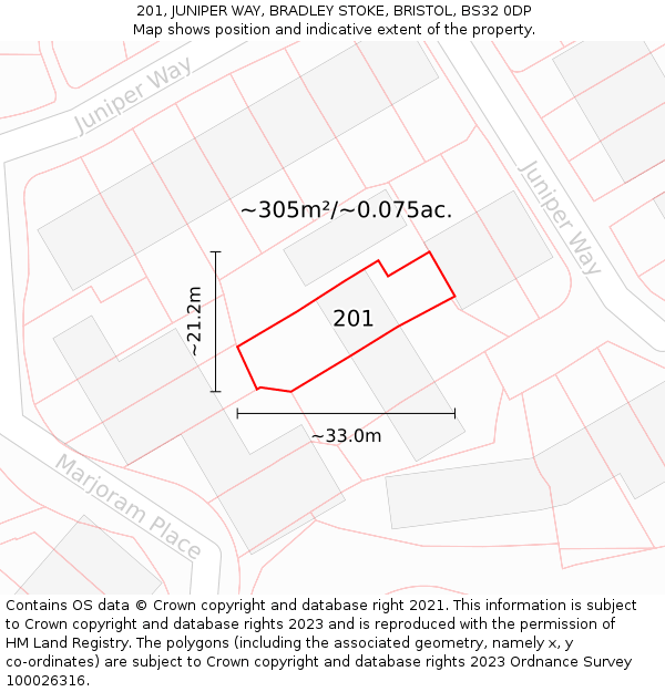 201, JUNIPER WAY, BRADLEY STOKE, BRISTOL, BS32 0DP: Plot and title map