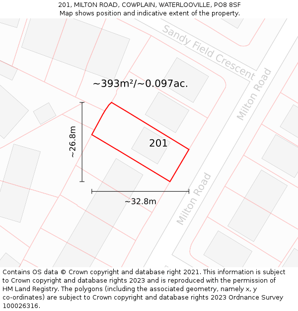 201, MILTON ROAD, COWPLAIN, WATERLOOVILLE, PO8 8SF: Plot and title map