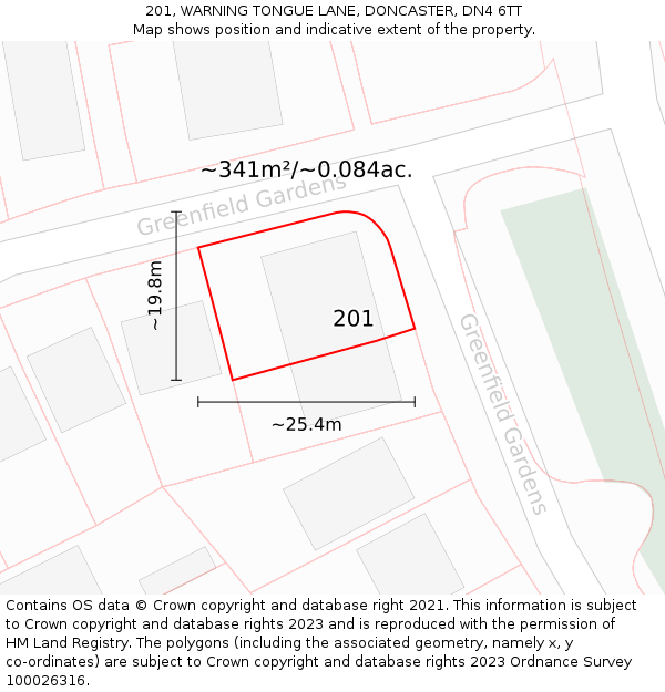 201, WARNING TONGUE LANE, DONCASTER, DN4 6TT: Plot and title map