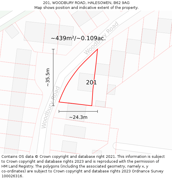 201, WOODBURY ROAD, HALESOWEN, B62 9AG: Plot and title map