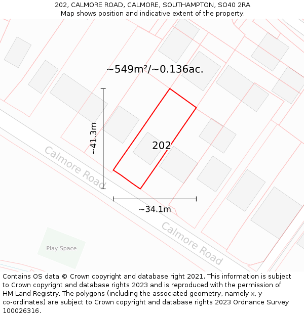 202, CALMORE ROAD, CALMORE, SOUTHAMPTON, SO40 2RA: Plot and title map