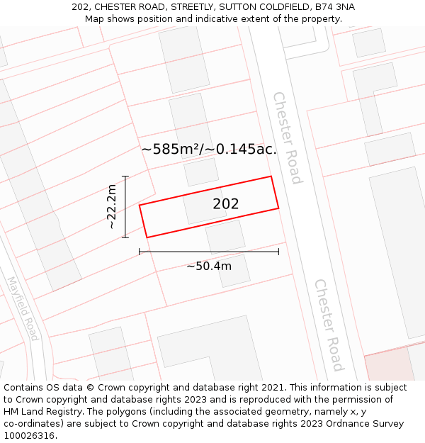 202, CHESTER ROAD, STREETLY, SUTTON COLDFIELD, B74 3NA: Plot and title map