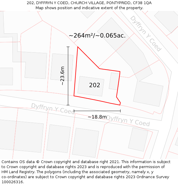 202, DYFFRYN Y COED, CHURCH VILLAGE, PONTYPRIDD, CF38 1QA: Plot and title map