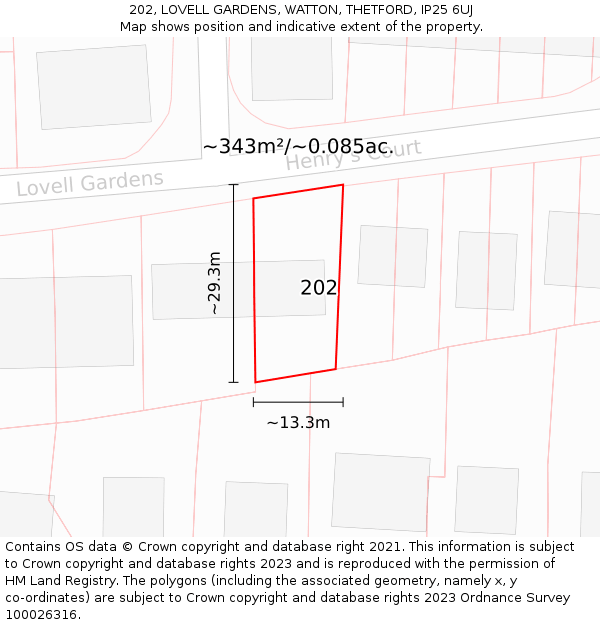 202, LOVELL GARDENS, WATTON, THETFORD, IP25 6UJ: Plot and title map