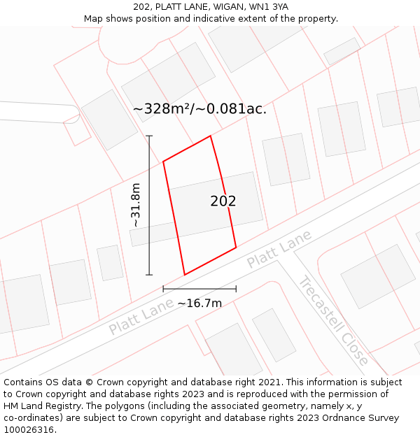 202, PLATT LANE, WIGAN, WN1 3YA: Plot and title map