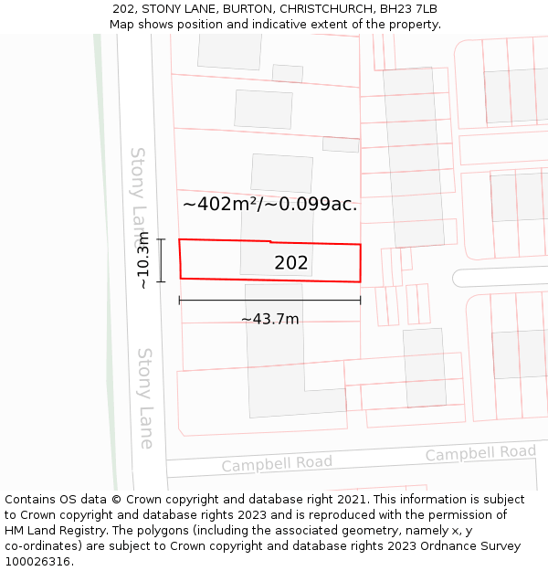202, STONY LANE, BURTON, CHRISTCHURCH, BH23 7LB: Plot and title map