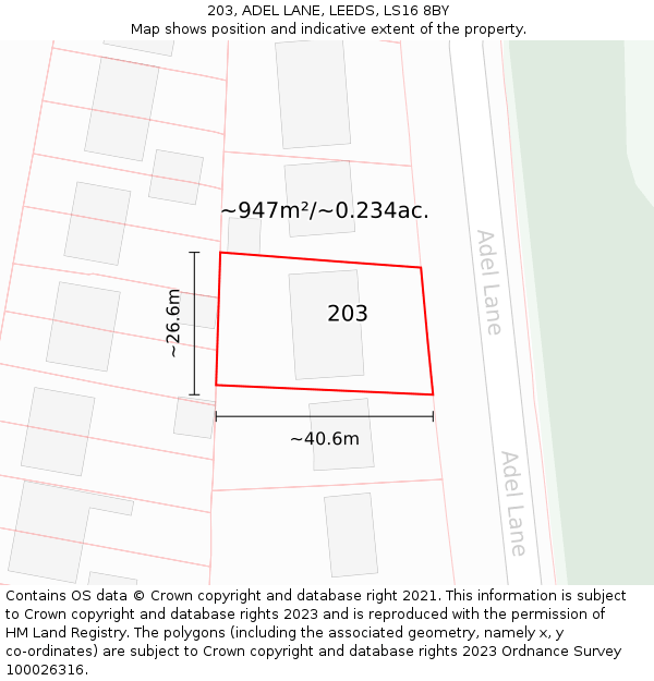 203, ADEL LANE, LEEDS, LS16 8BY: Plot and title map