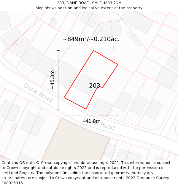 203, DANE ROAD, SALE, M33 2NA: Plot and title map