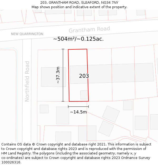 203, GRANTHAM ROAD, SLEAFORD, NG34 7NY: Plot and title map