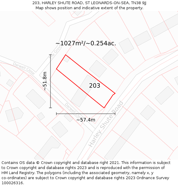 203, HARLEY SHUTE ROAD, ST LEONARDS-ON-SEA, TN38 9JJ: Plot and title map