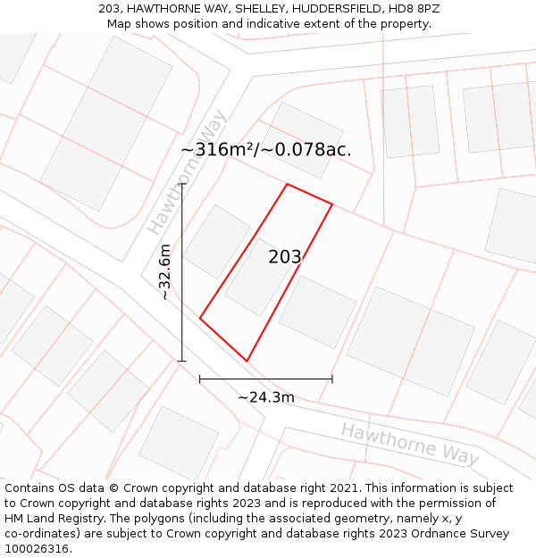 203, HAWTHORNE WAY, SHELLEY, HUDDERSFIELD, HD8 8PZ: Plot and title map