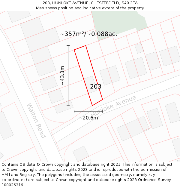 203, HUNLOKE AVENUE, CHESTERFIELD, S40 3EA: Plot and title map