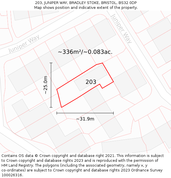 203, JUNIPER WAY, BRADLEY STOKE, BRISTOL, BS32 0DP: Plot and title map