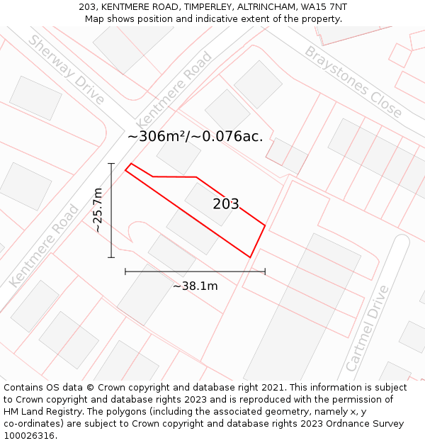 203, KENTMERE ROAD, TIMPERLEY, ALTRINCHAM, WA15 7NT: Plot and title map